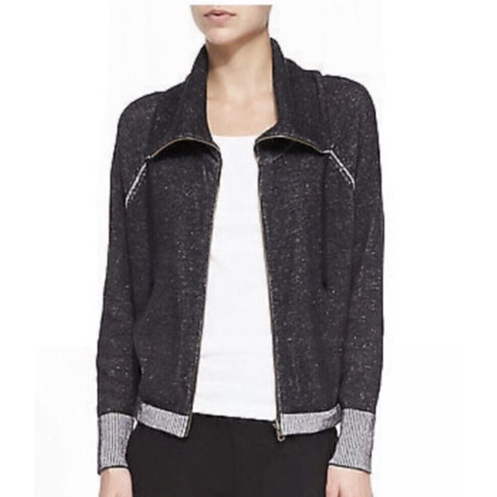 Eileen Fisher Marled Black Organic Cotton Zip Front Casual Funnel Neck Jacket